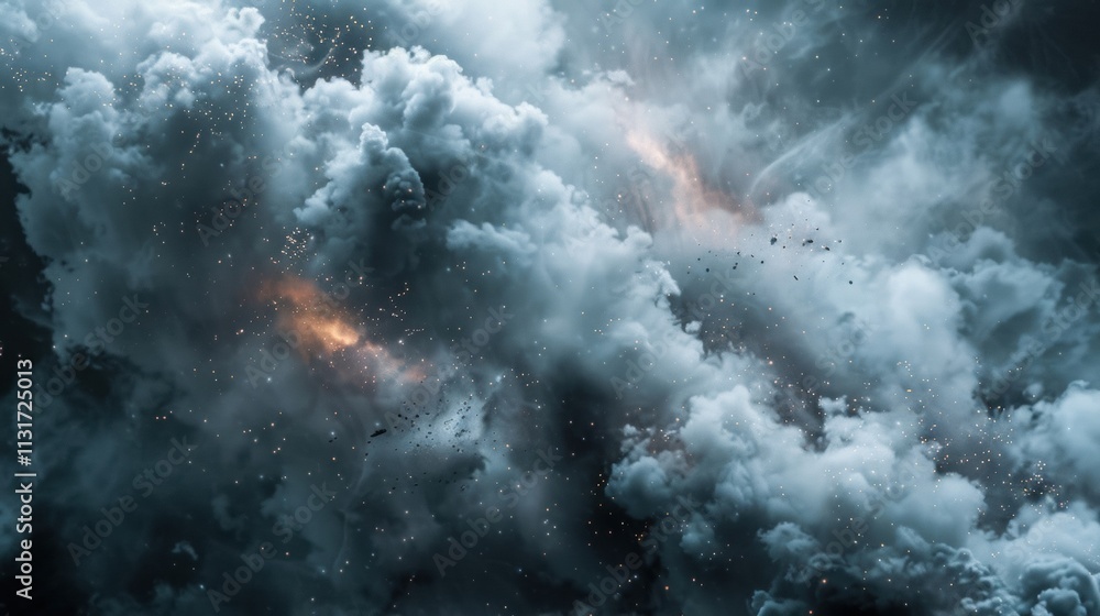 Poster big data is forming cloud computing universe with floating particles and orange and blue lights, rep