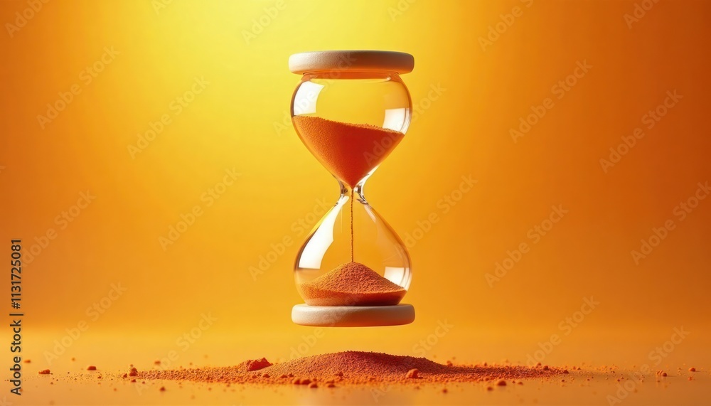 Poster hourglass floats against bright orange background. orange sand slowly pours. concept of fleeting tim