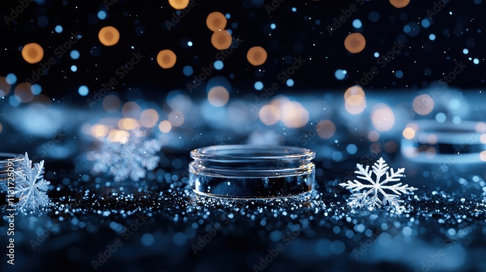 Poster a serene winter scene featuring snowflakes and sparkling bubbles, creating a magical atmosphere with