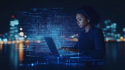 Woman sits at night, works on laptop with glowing digital data interface. Night city view background. Woman focuses on data processing. Tech digital business concept. Global business person works