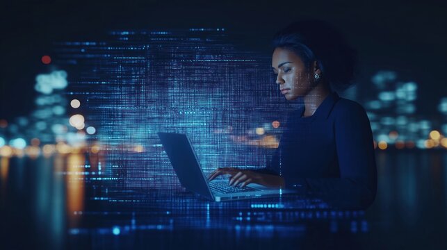 Woman sits at night, works on laptop with glowing digital data interface. Night city view background. Woman focuses on data processing. Tech digital business concept. Global business person works
