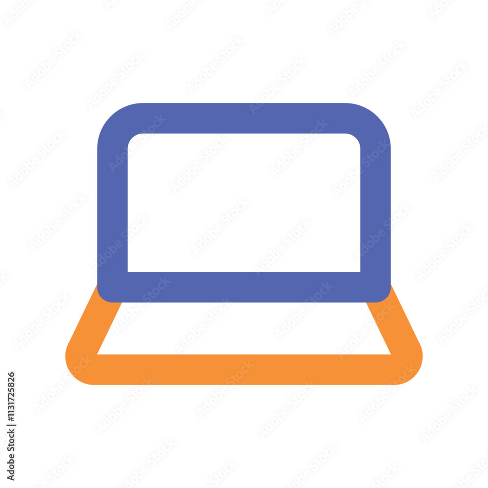 Poster a stylized pixel art image depicting a simple laptop computer with a blue screen and orange base.