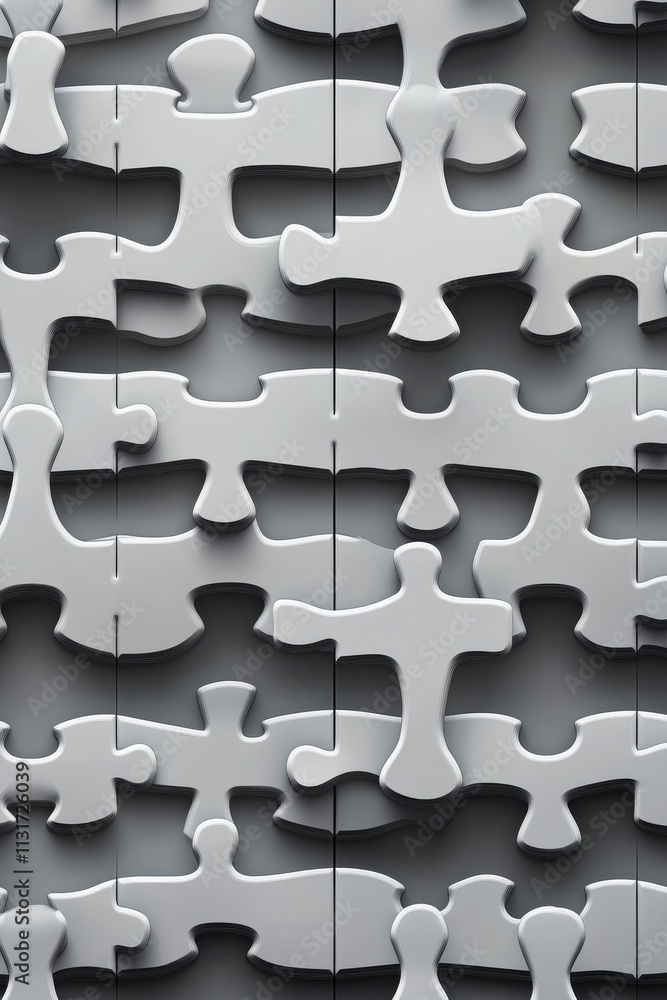 Poster close-up of intertwined white puzzle pieces on a gray background, creating a seamless and textured p