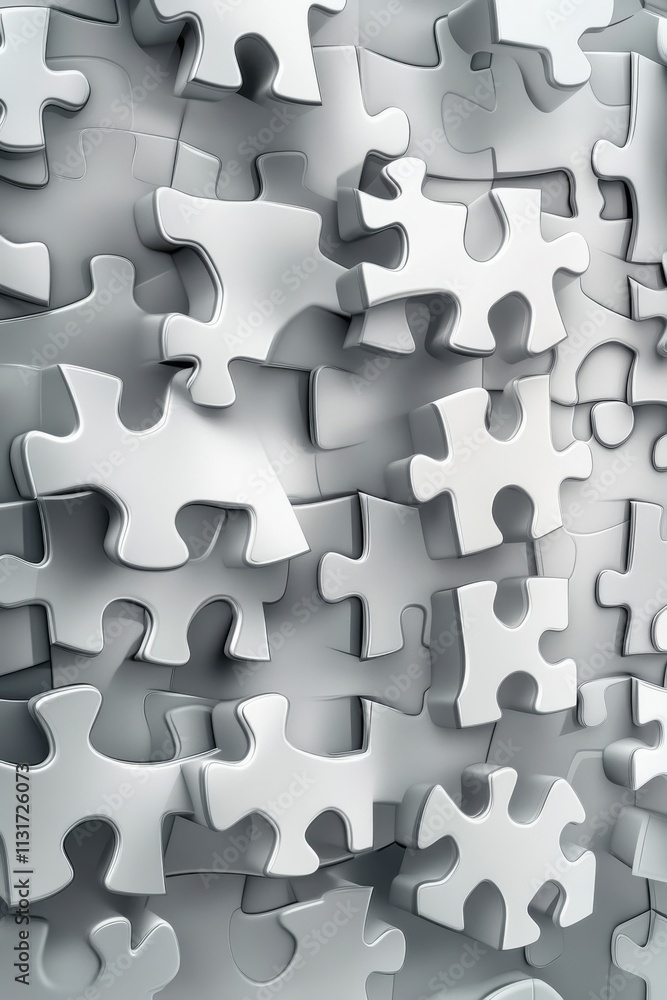 Poster an abstract arrangement of interconnected white puzzle pieces creating a textured 3d surface.
