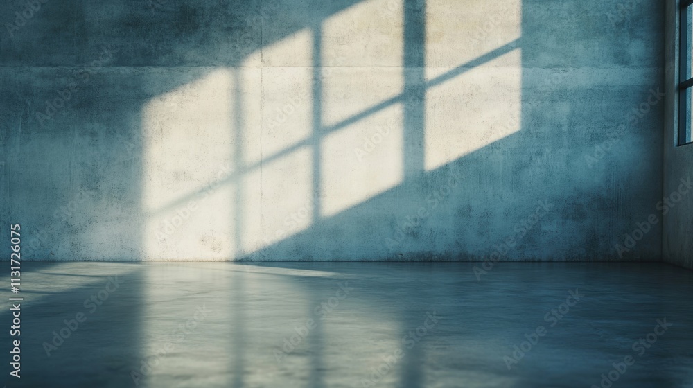 Poster the room features smooth concrete walls and a polished floor illuminated by gentle natural light fil