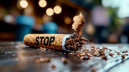 A close-up of a broken cigar with 'STOP' printed on it, symbolizing the end of smoking in a casual setting.