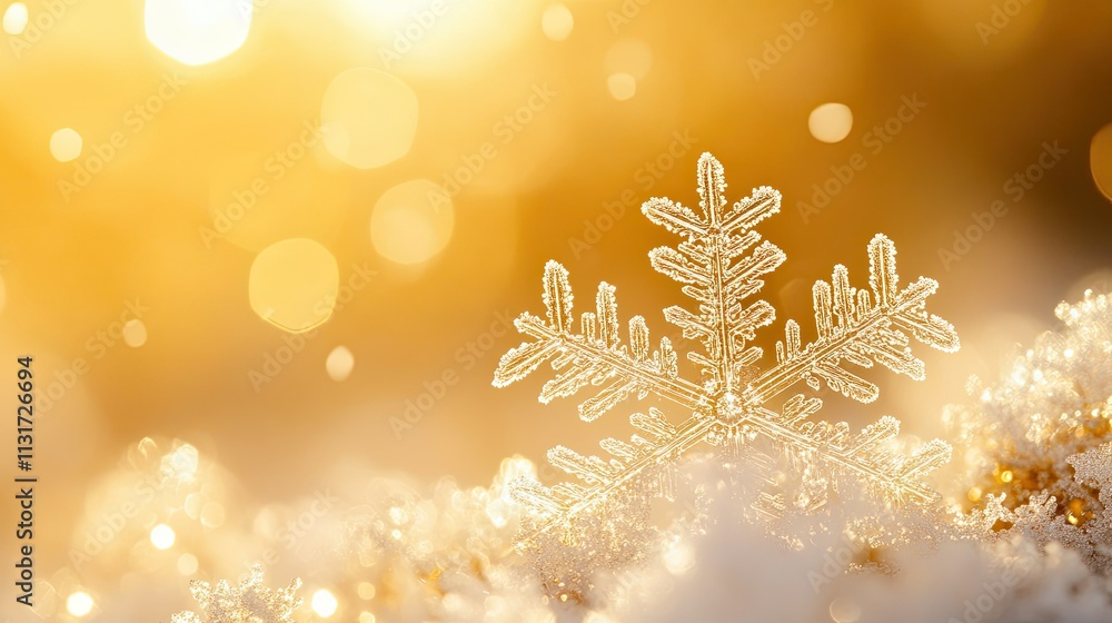Poster Sparkling Snowflake on Smooth Snow with Golden Bokeh Background