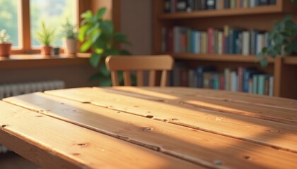 Empty wooden table in sunlit room with bookshelves. Sunlight highlights wood grain. Simple design. Calm, natural atmosphere. Home office study environment. Relaxing ambiance. Clean space for work