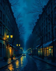 illustration d'une rue parisienne de nuit éclairée par des éclairages publiques