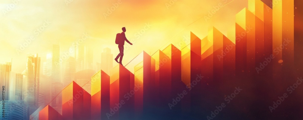 Poster an image showing a person climbing a graph chart that keeps ascending to represent financial success