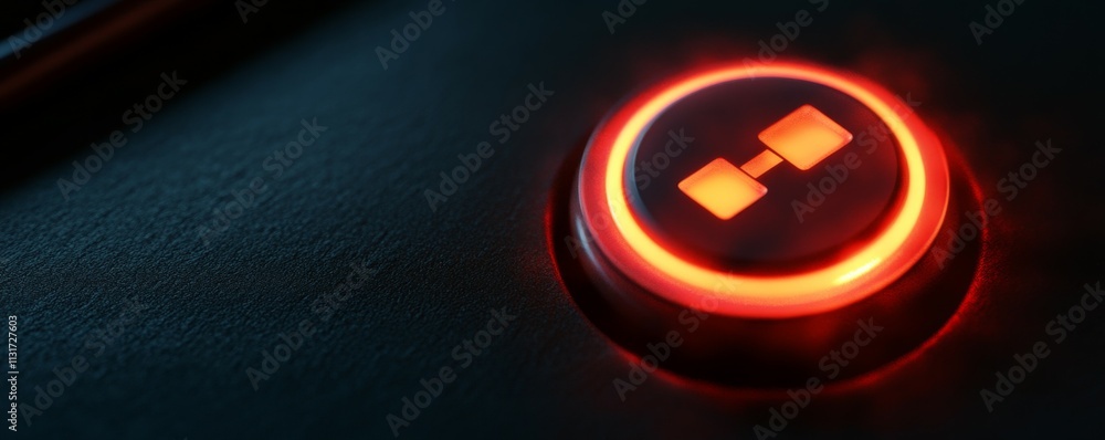 Poster battery storage portable concept. glowing power button icon with alert symbol on dark background