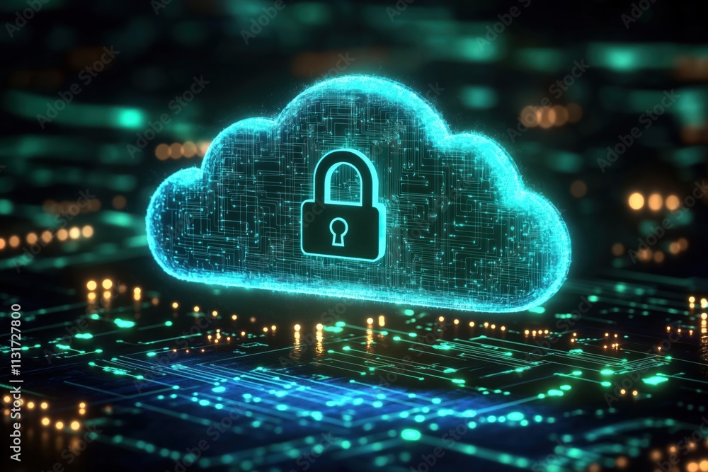 Poster cloud computing security concept. glowing cloud with padlock floats above circuit board. futuristic 