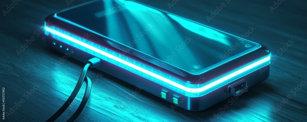 Poster battery storage portable concept. portable power device with soft glowing charge levels, ideal for t
