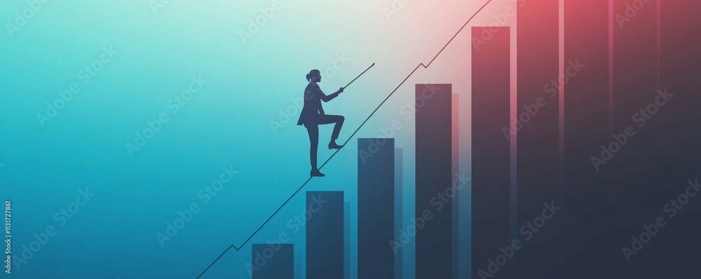 Poster an image showing a person climbing a graph chart that keeps ascending to represent financial success