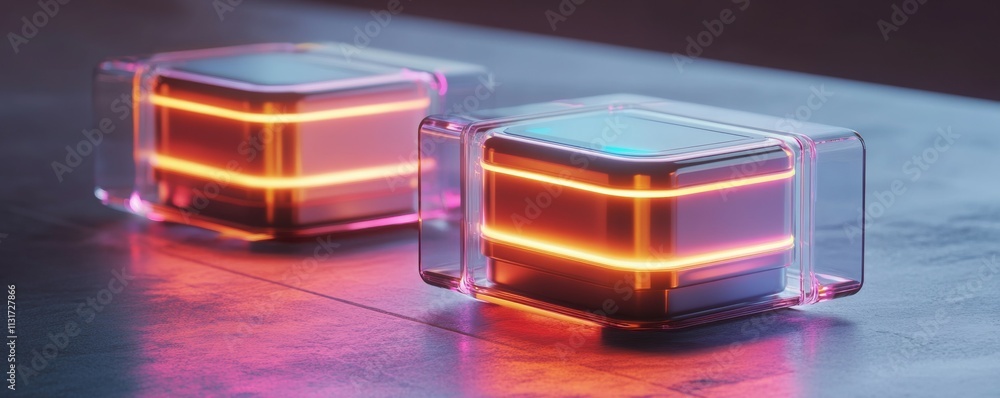 Poster battery storage portable concept. stackable battery units with glowing edges in minimal design