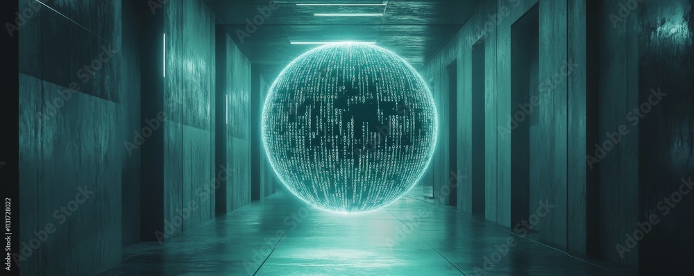 Poster anti tracking technology concept. digital sphere with binary code in futuristic corridor