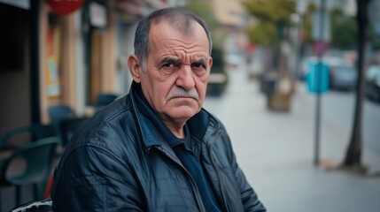 Obraz premium Man with a beard and mustache is sitting on a bench