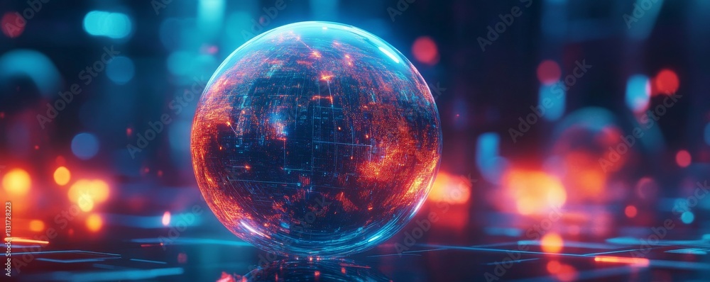 Poster anti tracking technology concept. glowing digital sphere representing data and technology in server 