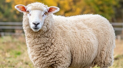 Fototapeta premium A fluffy white sheep with soft, textured wool, standing gracefully in focus, with a blurred pastoral farm background, lit by warm, gentle sunlight.