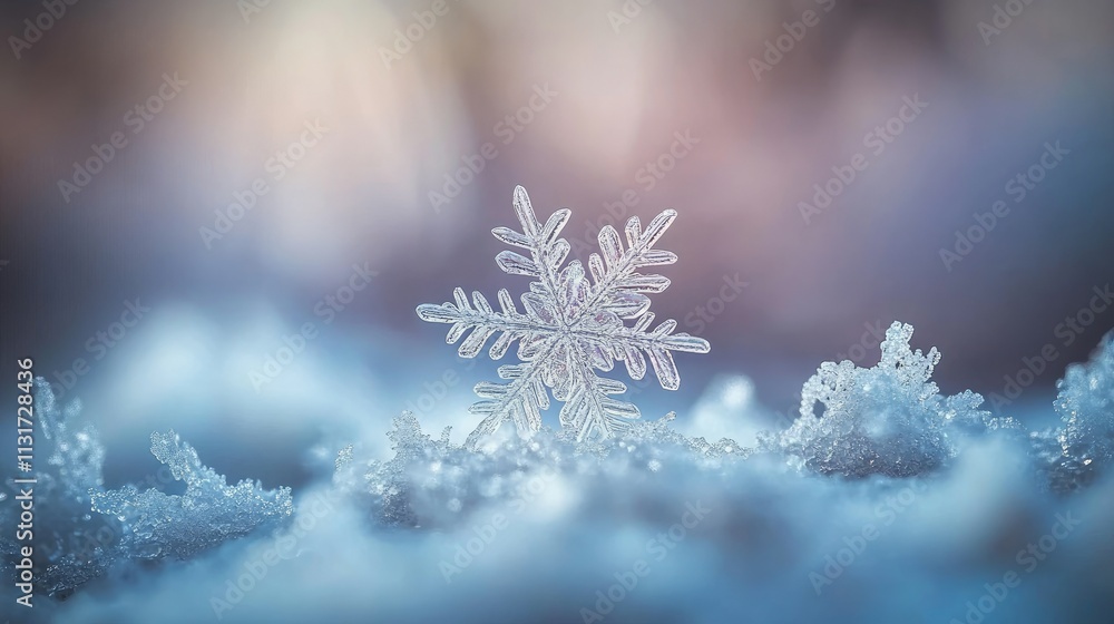 Poster intricate snowflake on a soft blanket of snow in winter setting