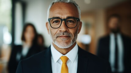 Fototapeta premium Senior business leader with glasses and a suit engages with colleagues in a collaborative environment within an office space