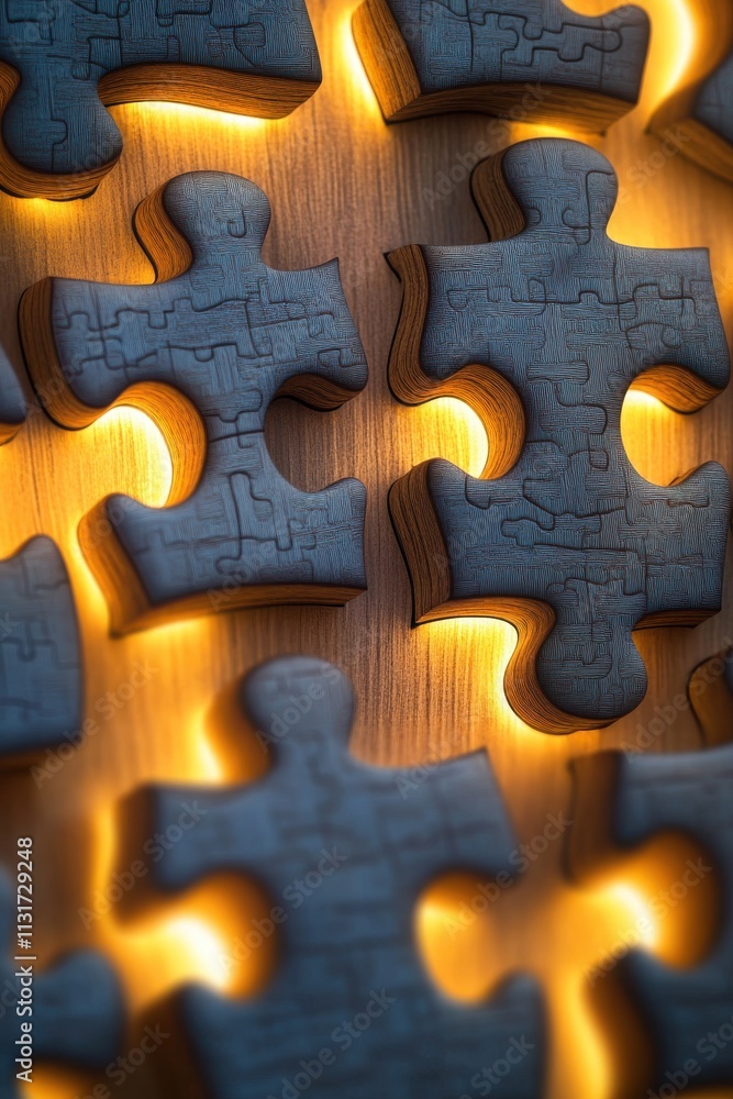 Poster close-up of illuminated wooden puzzle pieces on a smooth surface, creating an intriguing visual effe