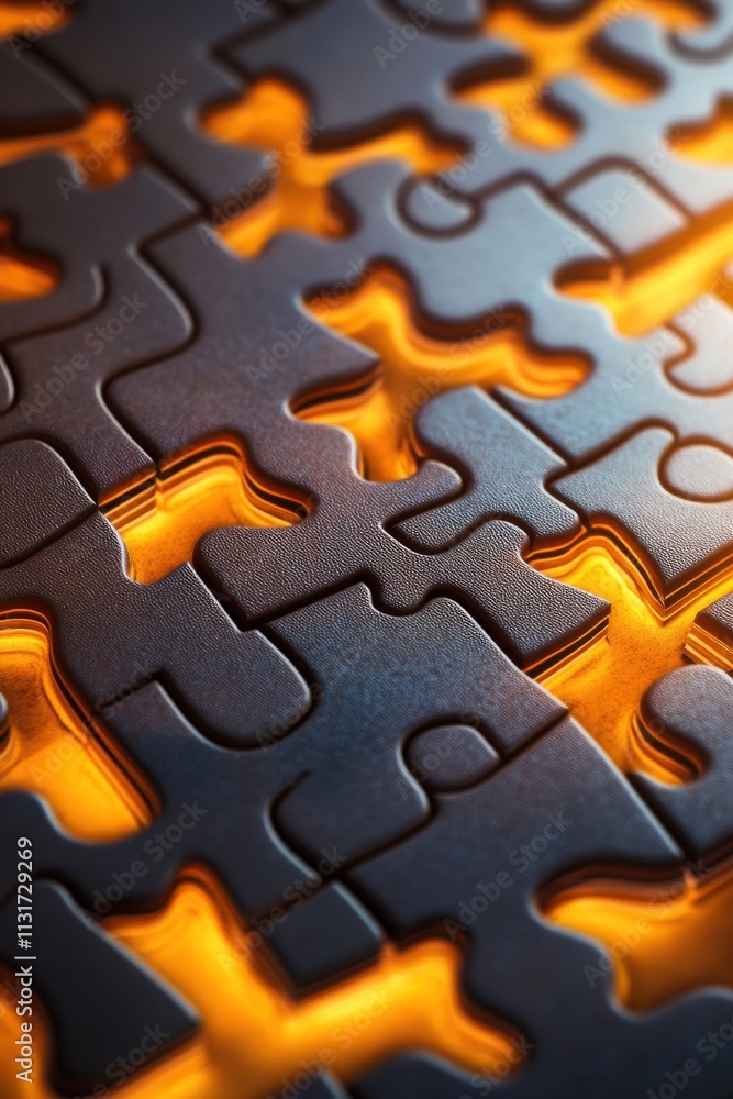 Aufkleber close-up of interlocking puzzle pieces illuminated by a warm glow, creating an abstract and intrigui
