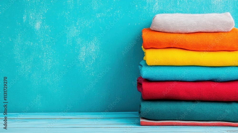 Poster a neat stack of folded clothes displays multiple colors against a bright blue background, creating a
