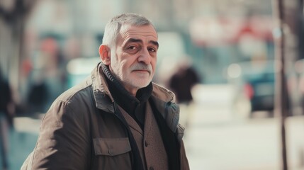 Obraz premium Man with a beard and a beard is standing on the street
