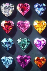 Fototapeta premium A vibrant display of heart-shaped gemstones in various colors, showcasing their brilliance and elegance.