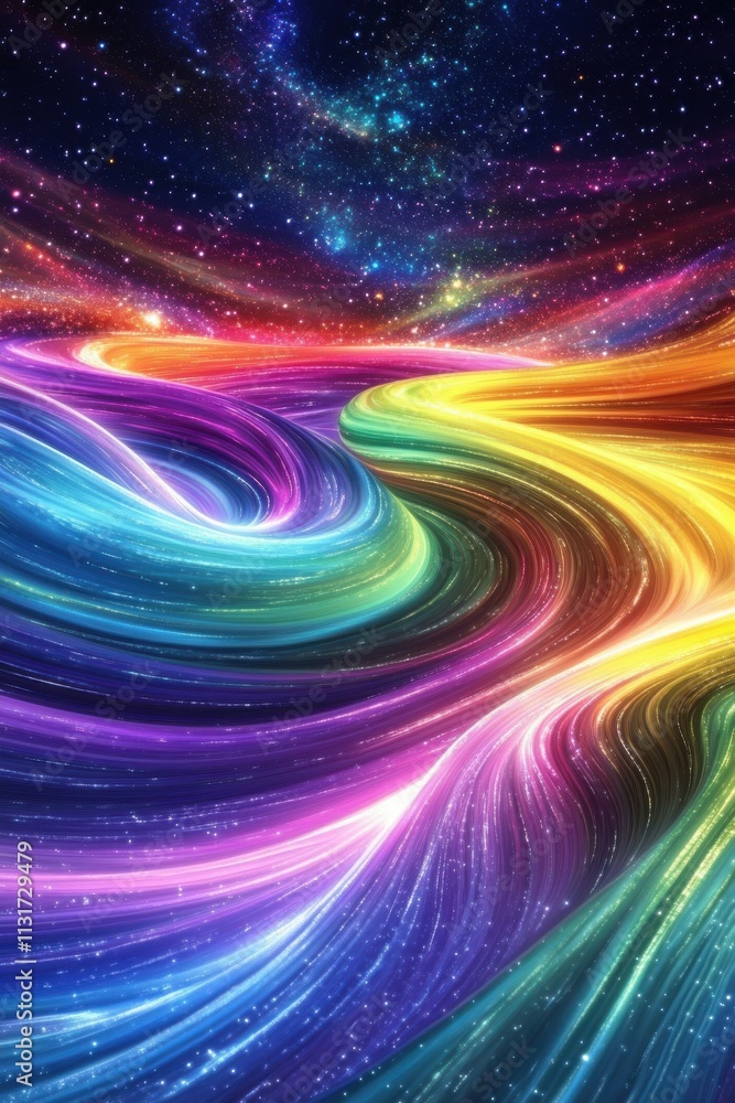 Poster a vibrant cosmic landscape showcasing swirling streams of colorful light in a mesmerizing display of