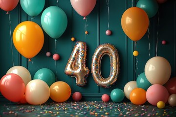 Colorful balloons, confetti decorate room for 40th birthday party. Large balloons in variety of bright colors, large number 40 made of balloons prominent. Party decorations scattered around.