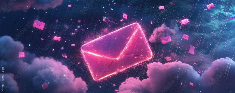 Poster cloud email box concept. digital email envelope surrounded by notifications and rain effects