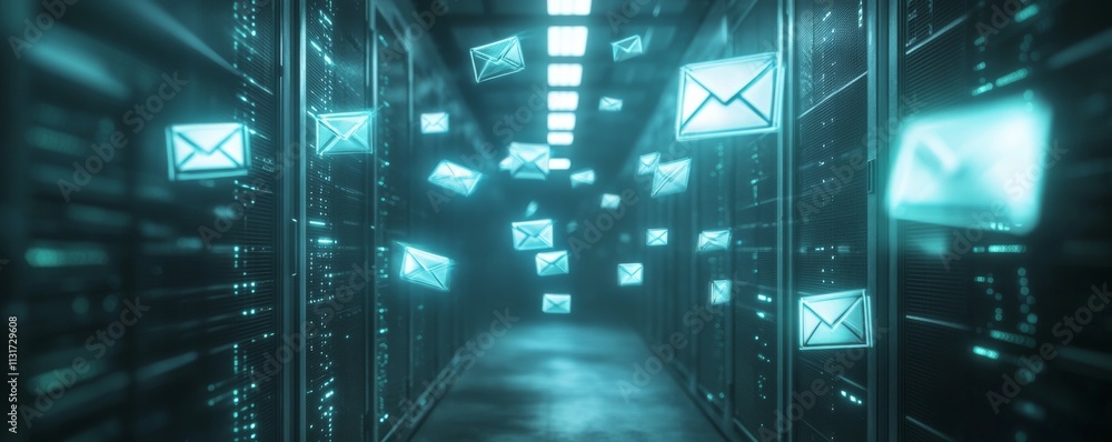 Poster cloud email box concept. digital email icons floating in server room with glowing data