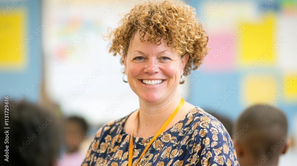 Poster educator engages with students, fostering a collaborative atmosphere in a colorful classroom filled 