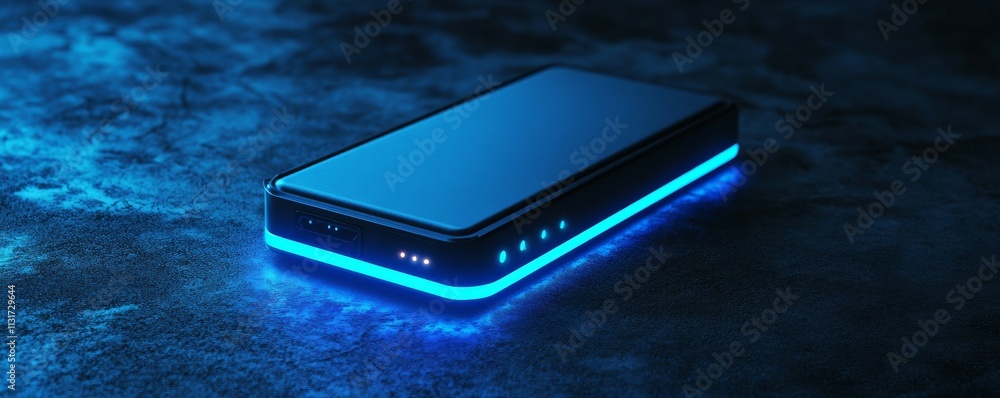 Poster battery storage portable concept. portable power device with soft glowing charge levels, ideal for t