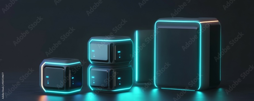 Poster battery storage portable concept. small stackable battery units with glowing edges create modern loo
