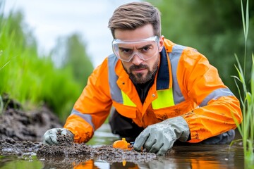 A close-up of an environmental engineer collecting water samples from a river for analysis, wearing gloves and safety goggles