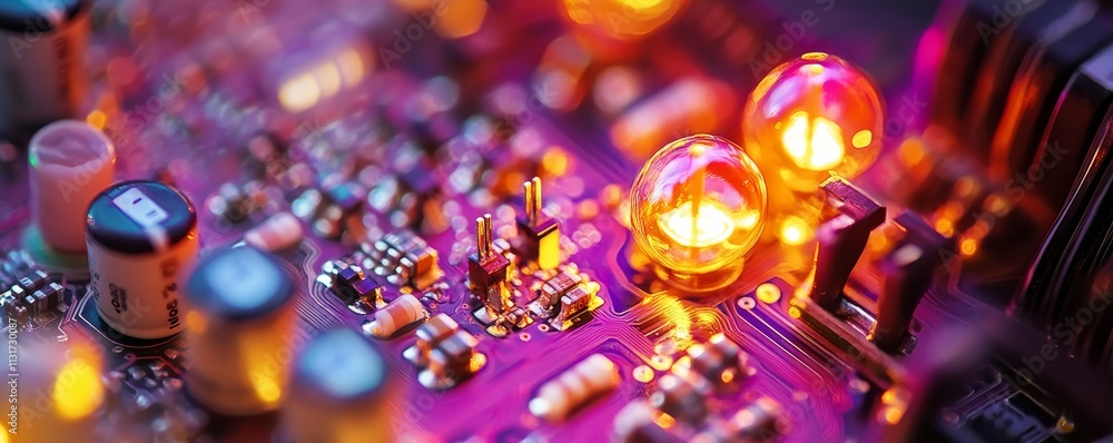 Poster close up view of circuit board with intricate wiring and glowing elements