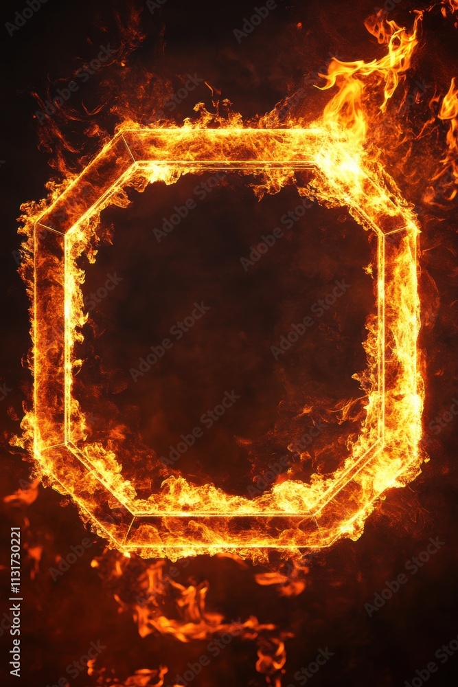Poster a glowing octagonal frame engulfed in vibrant flames, creating a dramatic and intense visual effect.