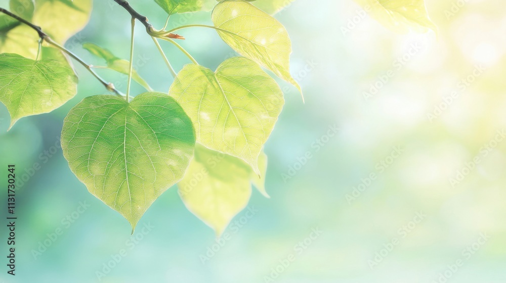 Poster a cluster of vibrant green leaves gently sways in a soft light, creating a tranquil atmosphere in a 