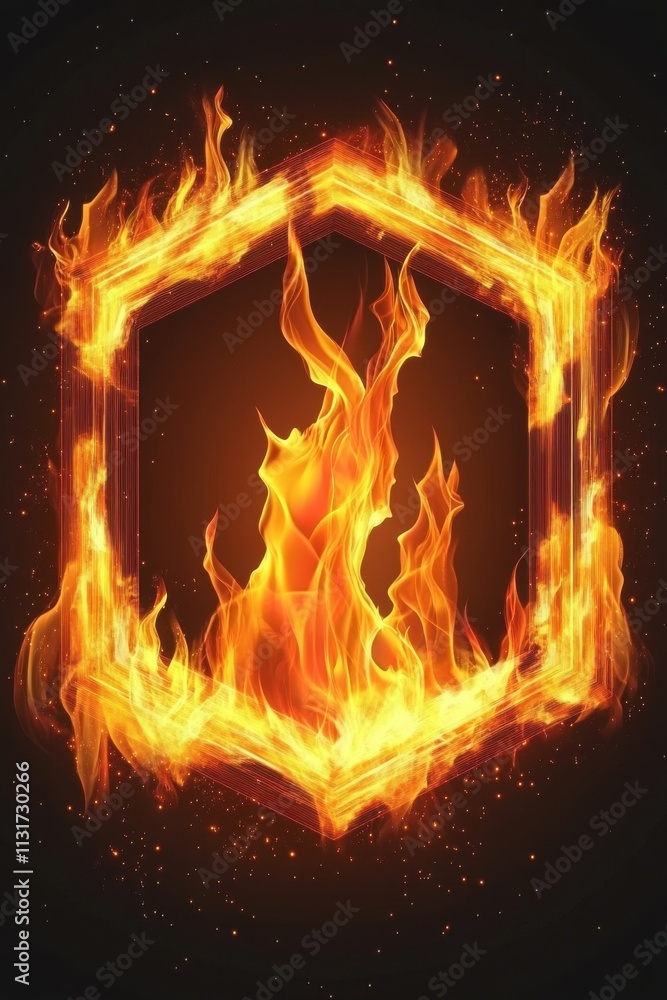 Poster dynamic hexagonal flame design on a dark background, emanating warmth and energy.