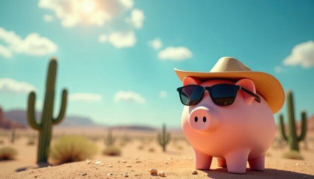 Piggy bank wears sunglasses, cowboy hat in desert landscape with cacti. Playful, adventurous vibe. Fun image for saving money during summer holidays. Suitable for financial apps travel companies