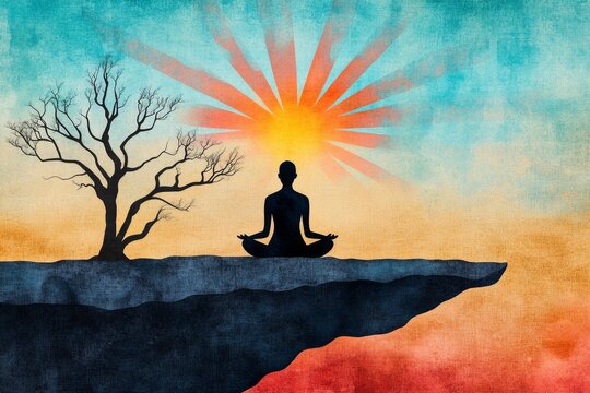 A delicate watercolor painting of a person sitting on a cliff, with colorful beams of light radiating from their head, symbolizing a life-changing realization