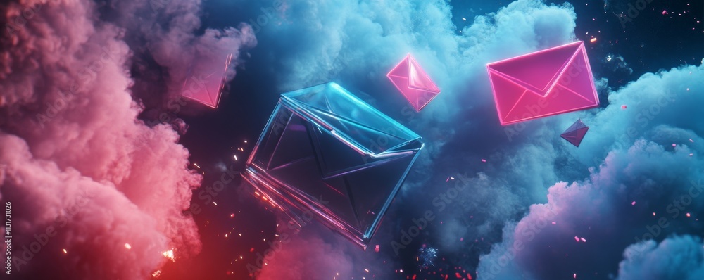 Poster cloud email box concept. digital email box with abstract envelopes and glowing effects