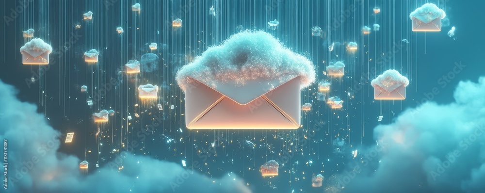 Aufkleber cloud email box concept. digital email envelope surrounded by notifications and rain effects