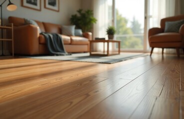 Low angle view of varnished wooden laminate floor. Natural light shines on polished wood planks. Modern furniture like light brown leather sofa, armchair in background. Coffee table stands between.