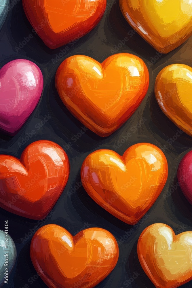Poster vibrant colorful hearts in various shades create a cheerful and playful pattern, evoking warmth and 