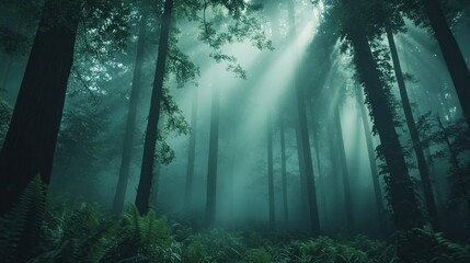 Obraz premium Mystical, sunlit redwood forest shrouded in fog. Lush greenery, tall trees, and beams of light pierce the mist.