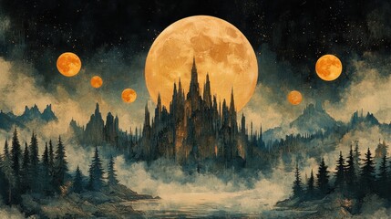 Naklejka premium Mystical Castle Underneath Giant Moons